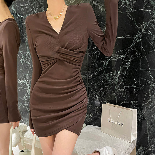 Long Sleeve V-neck Mini Skinny Dress JF22105GG